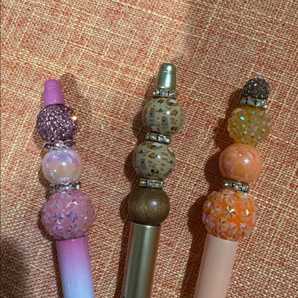 Set of Three Beaded Pens in Pink, Gold, and Orange - Picture 2 of 2
